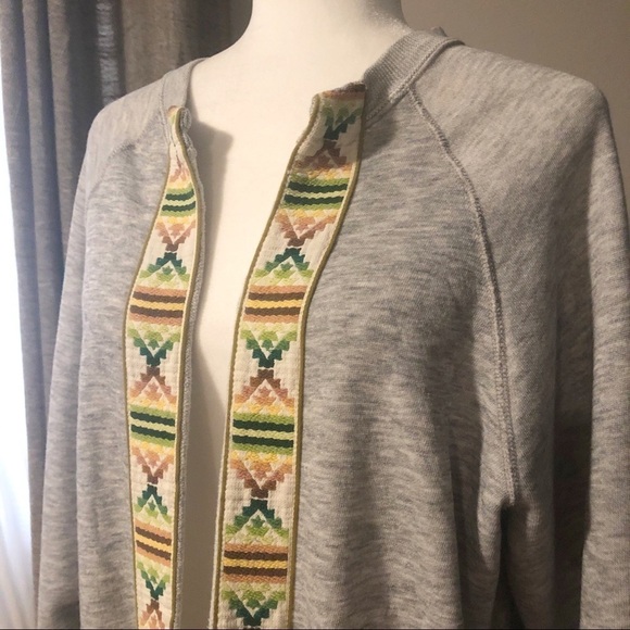Gray sweatshirt cardigan with woven trim - Picture 4 of 10